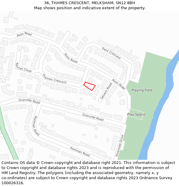 36, THAMES CRESCENT, MELKSHAM, SN12 8BH: Location map and indicative extent of plot