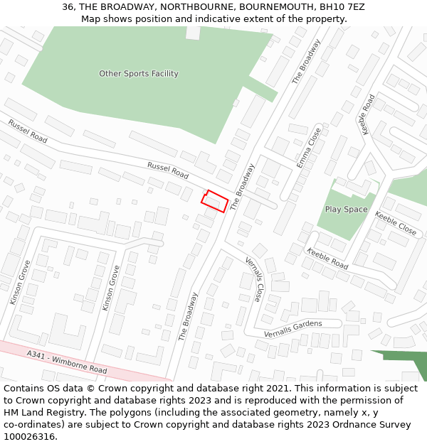 36, THE BROADWAY, NORTHBOURNE, BOURNEMOUTH, BH10 7EZ: Location map and indicative extent of plot