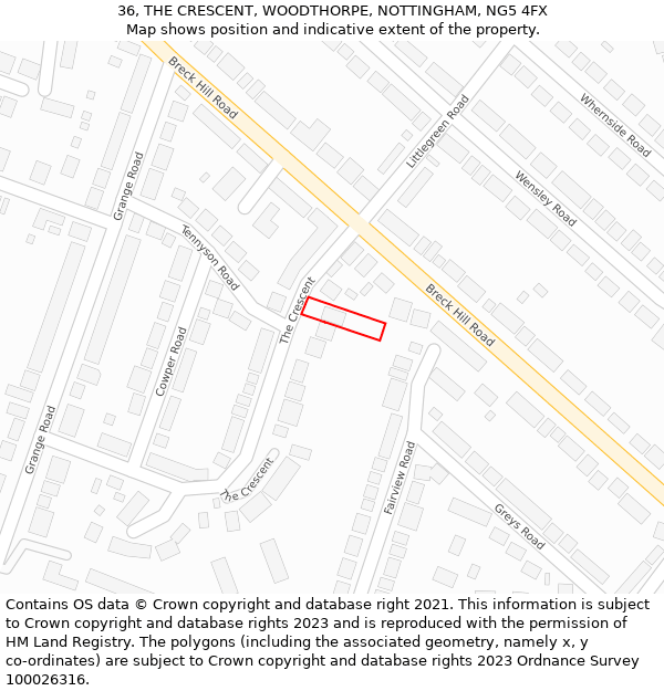 36, THE CRESCENT, WOODTHORPE, NOTTINGHAM, NG5 4FX: Location map and indicative extent of plot