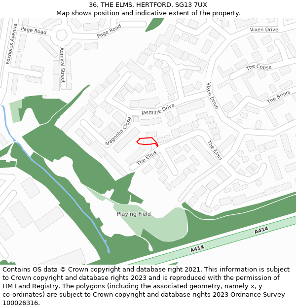 36, THE ELMS, HERTFORD, SG13 7UX: Location map and indicative extent of plot