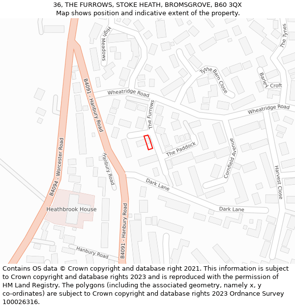 36, THE FURROWS, STOKE HEATH, BROMSGROVE, B60 3QX: Location map and indicative extent of plot