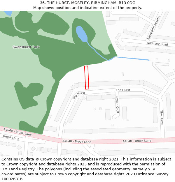 36, THE HURST, MOSELEY, BIRMINGHAM, B13 0DG: Location map and indicative extent of plot