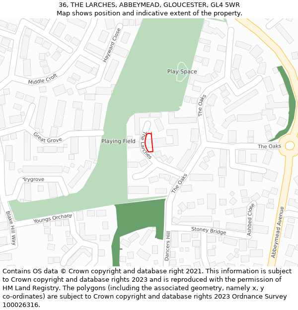 36, THE LARCHES, ABBEYMEAD, GLOUCESTER, GL4 5WR: Location map and indicative extent of plot