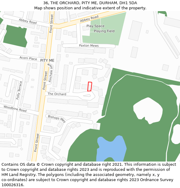 36, THE ORCHARD, PITY ME, DURHAM, DH1 5DA: Location map and indicative extent of plot