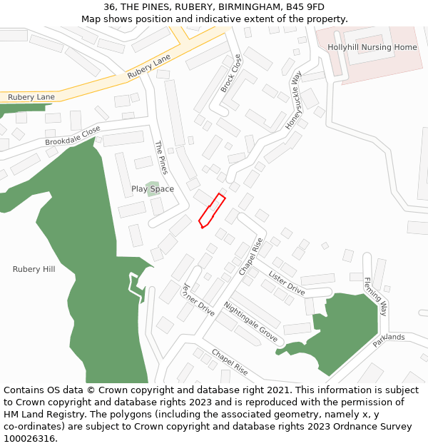 36, THE PINES, RUBERY, BIRMINGHAM, B45 9FD: Location map and indicative extent of plot