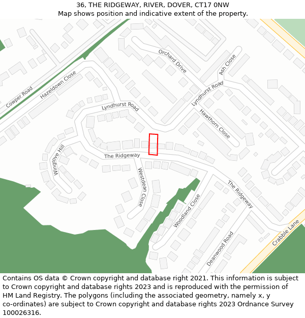 36, THE RIDGEWAY, RIVER, DOVER, CT17 0NW: Location map and indicative extent of plot