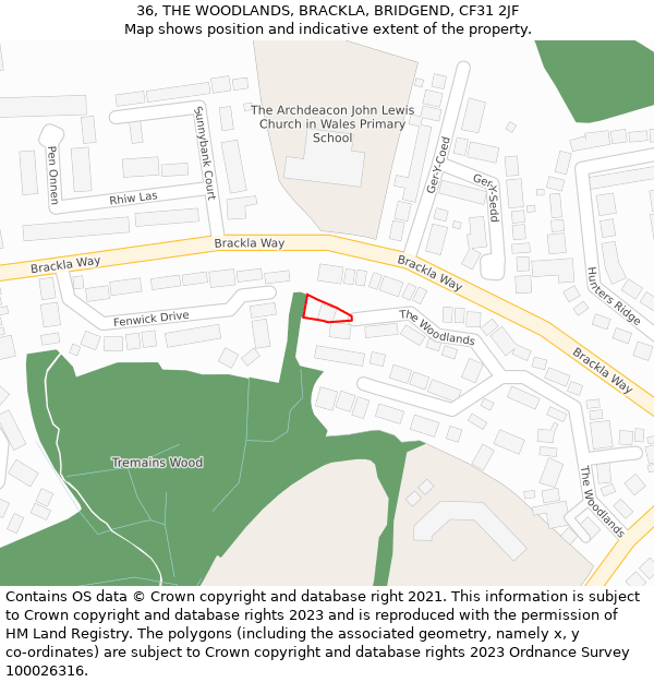 36, THE WOODLANDS, BRACKLA, BRIDGEND, CF31 2JF: Location map and indicative extent of plot