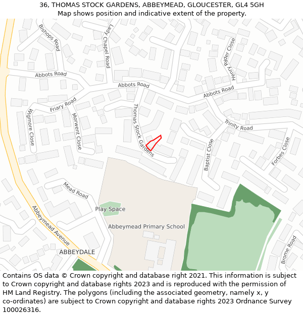 36, THOMAS STOCK GARDENS, ABBEYMEAD, GLOUCESTER, GL4 5GH: Location map and indicative extent of plot