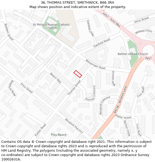 36, THOMAS STREET, SMETHWICK, B66 3RA: Location map and indicative extent of plot