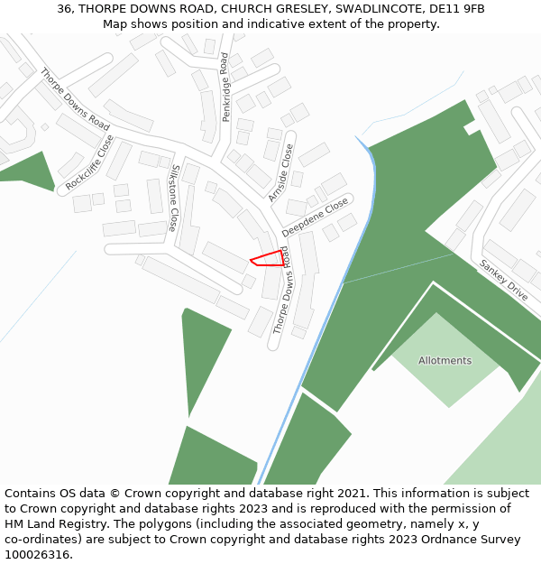 36, THORPE DOWNS ROAD, CHURCH GRESLEY, SWADLINCOTE, DE11 9FB: Location map and indicative extent of plot