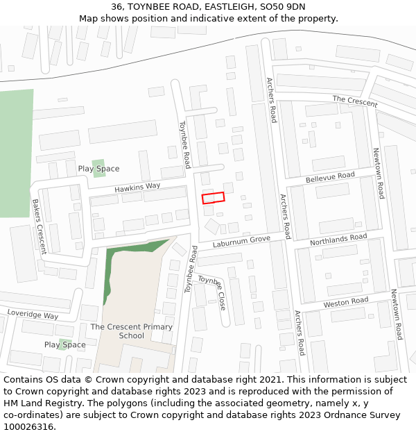 36, TOYNBEE ROAD, EASTLEIGH, SO50 9DN: Location map and indicative extent of plot