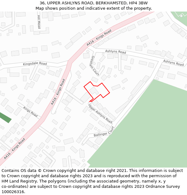 36, UPPER ASHLYNS ROAD, BERKHAMSTED, HP4 3BW: Location map and indicative extent of plot