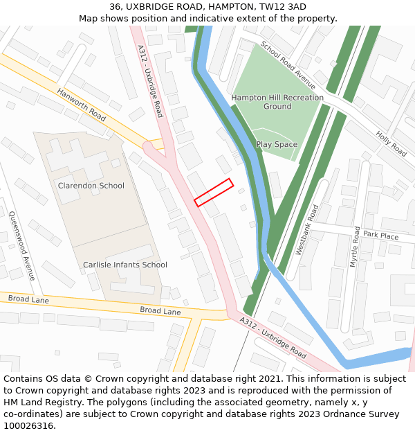 36, UXBRIDGE ROAD, HAMPTON, TW12 3AD: Location map and indicative extent of plot