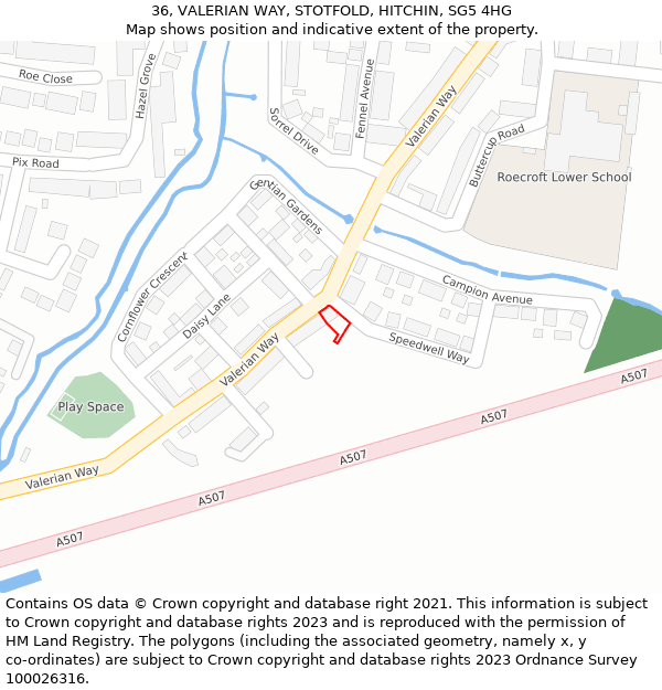 36, VALERIAN WAY, STOTFOLD, HITCHIN, SG5 4HG: Location map and indicative extent of plot