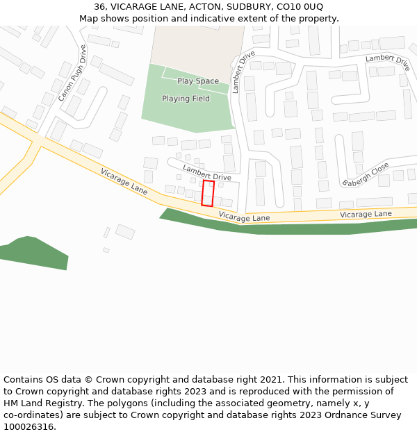 36, VICARAGE LANE, ACTON, SUDBURY, CO10 0UQ: Location map and indicative extent of plot