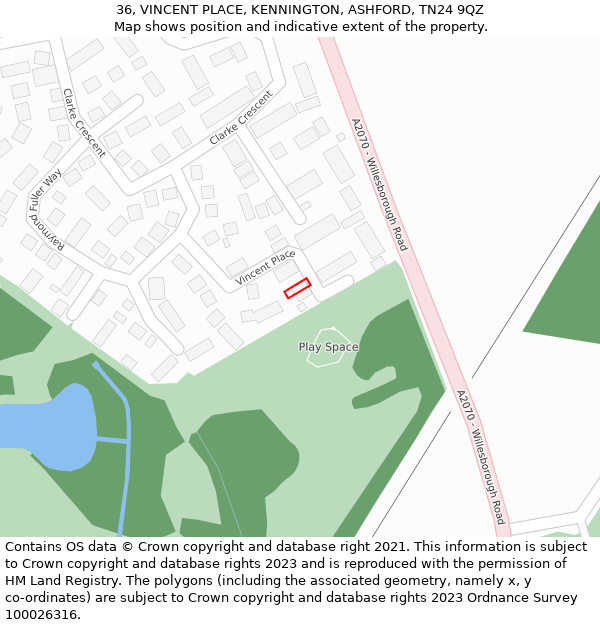 36, VINCENT PLACE, KENNINGTON, ASHFORD, TN24 9QZ: Location map and indicative extent of plot