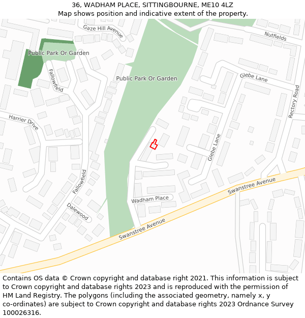 36, WADHAM PLACE, SITTINGBOURNE, ME10 4LZ: Location map and indicative extent of plot