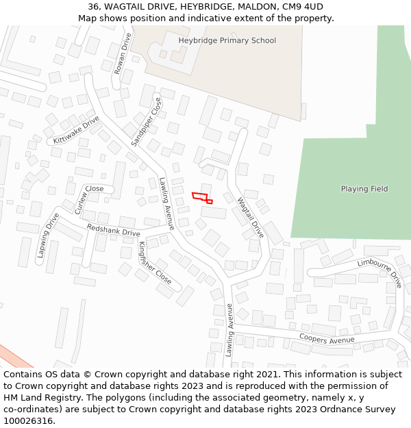 36, WAGTAIL DRIVE, HEYBRIDGE, MALDON, CM9 4UD: Location map and indicative extent of plot