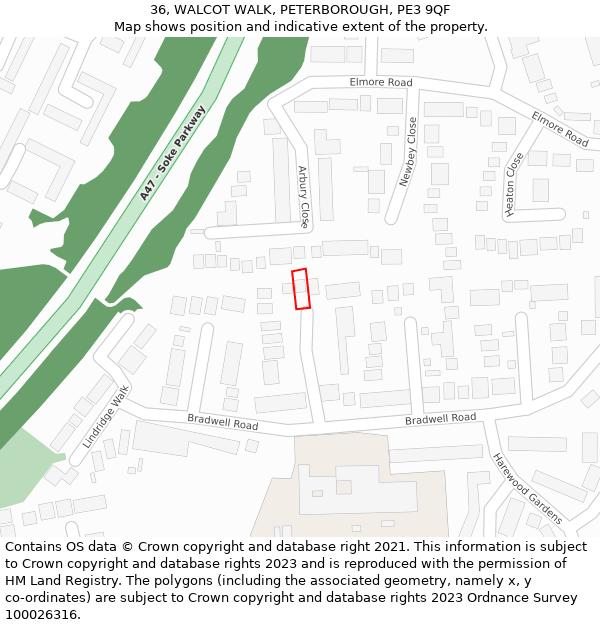 36, WALCOT WALK, PETERBOROUGH, PE3 9QF: Location map and indicative extent of plot