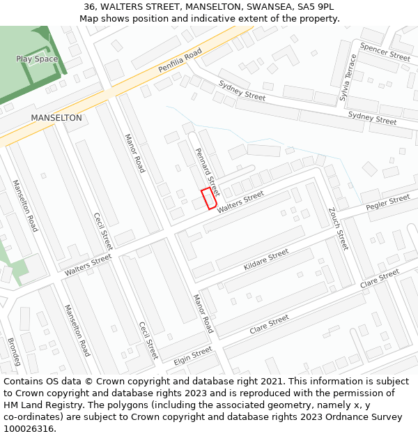 36, WALTERS STREET, MANSELTON, SWANSEA, SA5 9PL: Location map and indicative extent of plot