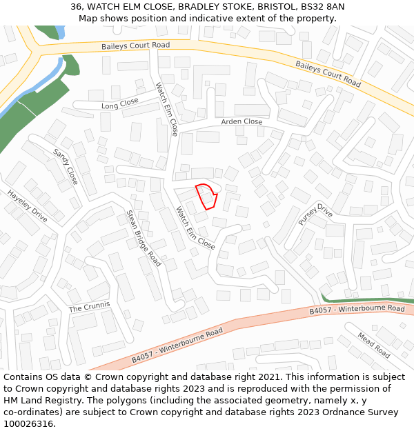 36, WATCH ELM CLOSE, BRADLEY STOKE, BRISTOL, BS32 8AN: Location map and indicative extent of plot