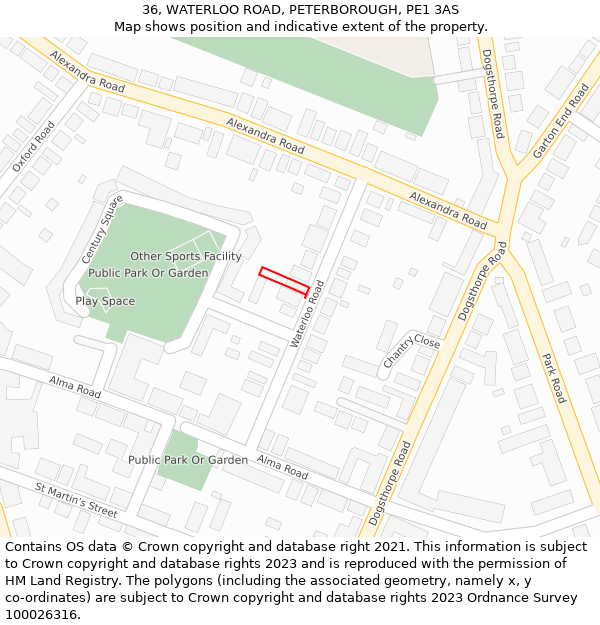 36, WATERLOO ROAD, PETERBOROUGH, PE1 3AS: Location map and indicative extent of plot