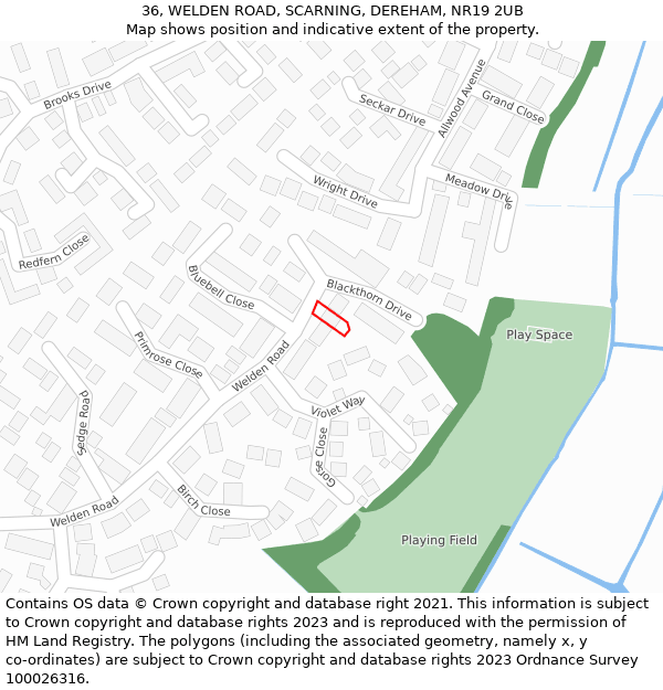 36, WELDEN ROAD, SCARNING, DEREHAM, NR19 2UB: Location map and indicative extent of plot