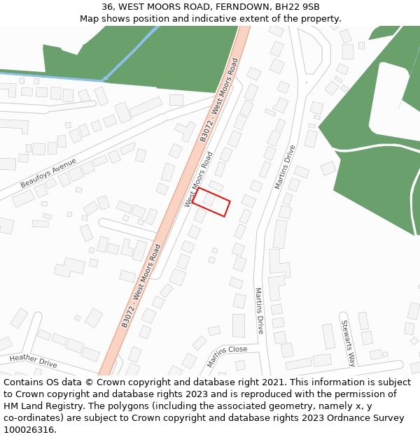 36, WEST MOORS ROAD, FERNDOWN, BH22 9SB: Location map and indicative extent of plot