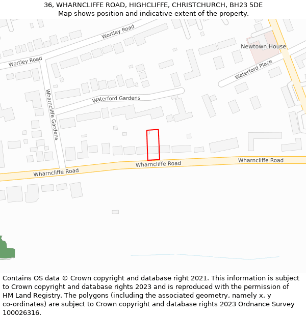 36, WHARNCLIFFE ROAD, HIGHCLIFFE, CHRISTCHURCH, BH23 5DE: Location map and indicative extent of plot