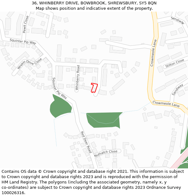 36, WHINBERRY DRIVE, BOWBROOK, SHREWSBURY, SY5 8QN: Location map and indicative extent of plot