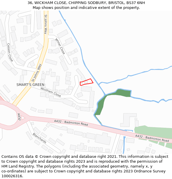 36, WICKHAM CLOSE, CHIPPING SODBURY, BRISTOL, BS37 6NH: Location map and indicative extent of plot