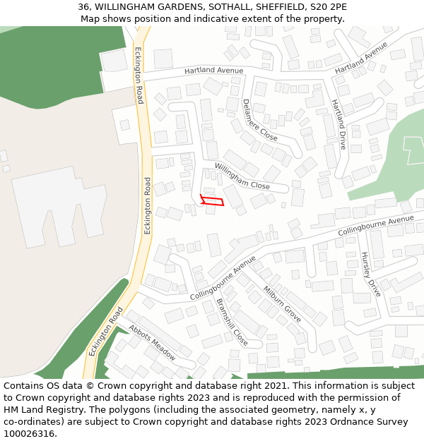 36, WILLINGHAM GARDENS, SOTHALL, SHEFFIELD, S20 2PE: Location map and indicative extent of plot