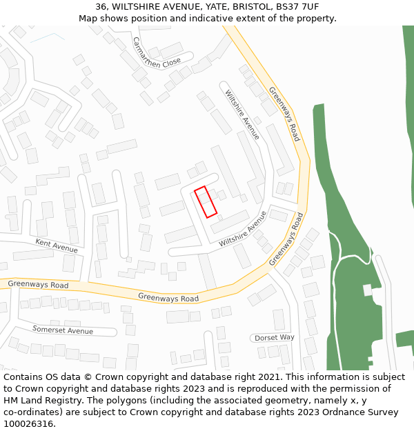 36, WILTSHIRE AVENUE, YATE, BRISTOL, BS37 7UF: Location map and indicative extent of plot