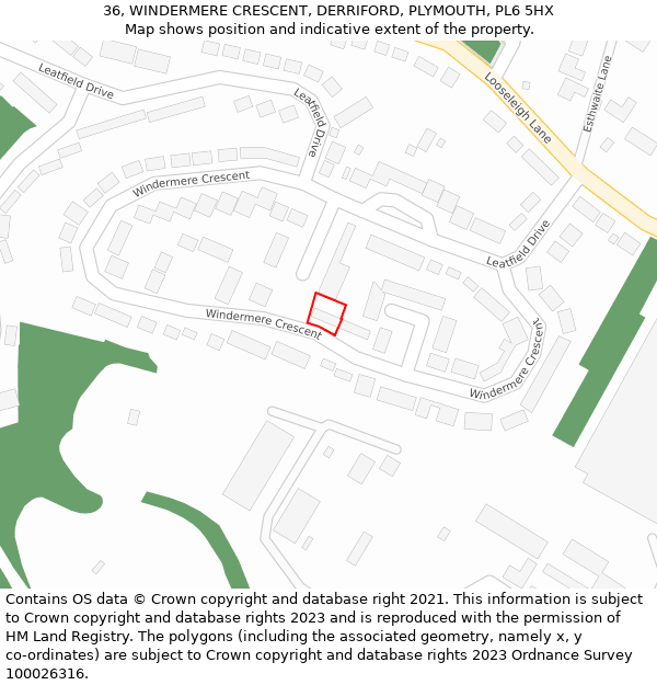 36, WINDERMERE CRESCENT, DERRIFORD, PLYMOUTH, PL6 5HX: Location map and indicative extent of plot