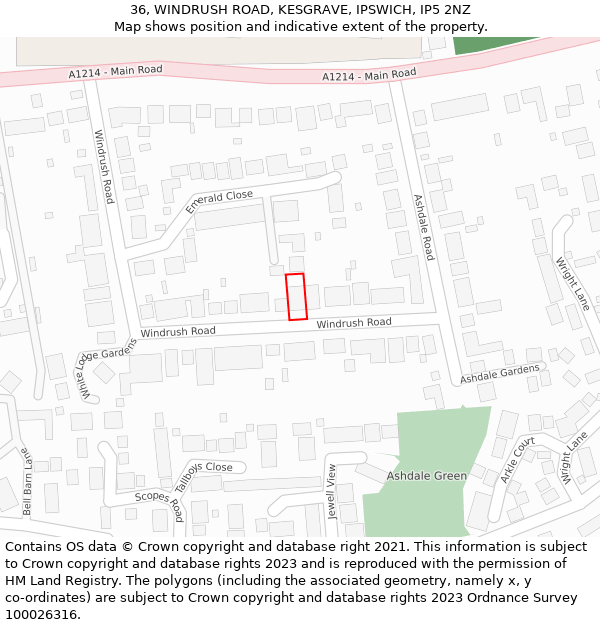 36, WINDRUSH ROAD, KESGRAVE, IPSWICH, IP5 2NZ: Location map and indicative extent of plot