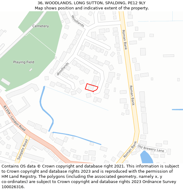 36, WOODLANDS, LONG SUTTON, SPALDING, PE12 9LY: Location map and indicative extent of plot