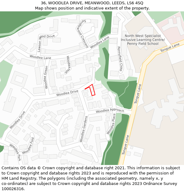 36, WOODLEA DRIVE, MEANWOOD, LEEDS, LS6 4SQ: Location map and indicative extent of plot
