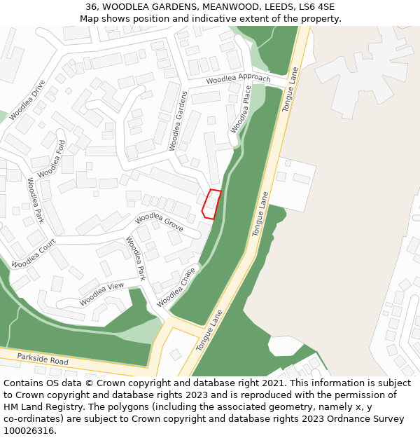 36, WOODLEA GARDENS, MEANWOOD, LEEDS, LS6 4SE: Location map and indicative extent of plot