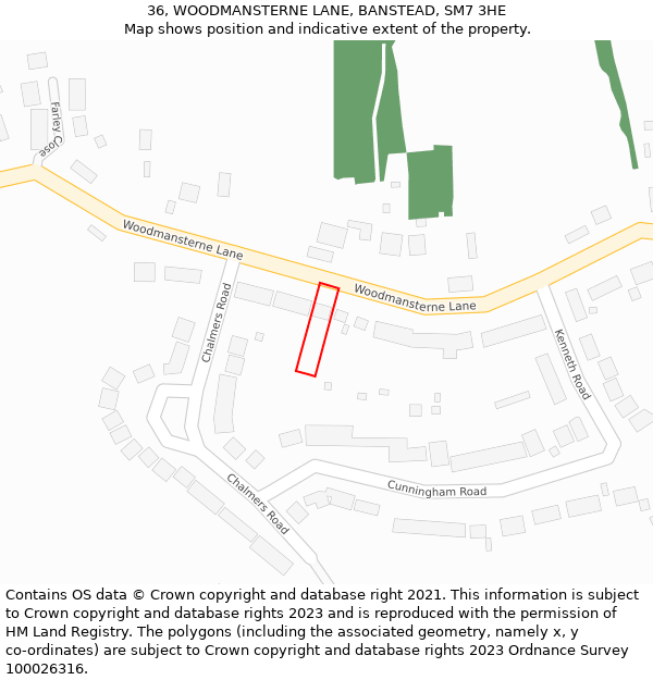 36, WOODMANSTERNE LANE, BANSTEAD, SM7 3HE: Location map and indicative extent of plot