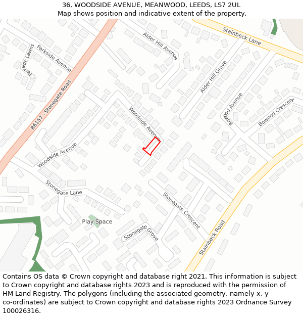 36, WOODSIDE AVENUE, MEANWOOD, LEEDS, LS7 2UL: Location map and indicative extent of plot
