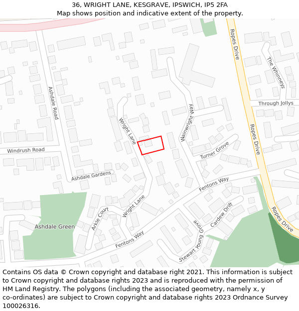 36, WRIGHT LANE, KESGRAVE, IPSWICH, IP5 2FA: Location map and indicative extent of plot