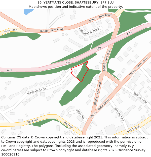 36, YEATMANS CLOSE, SHAFTESBURY, SP7 8LU: Location map and indicative extent of plot