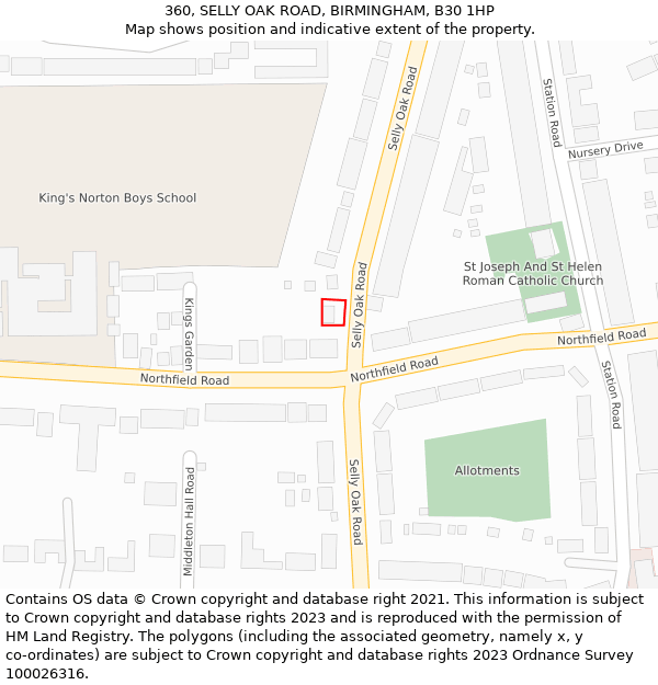 360, SELLY OAK ROAD, BIRMINGHAM, B30 1HP: Location map and indicative extent of plot
