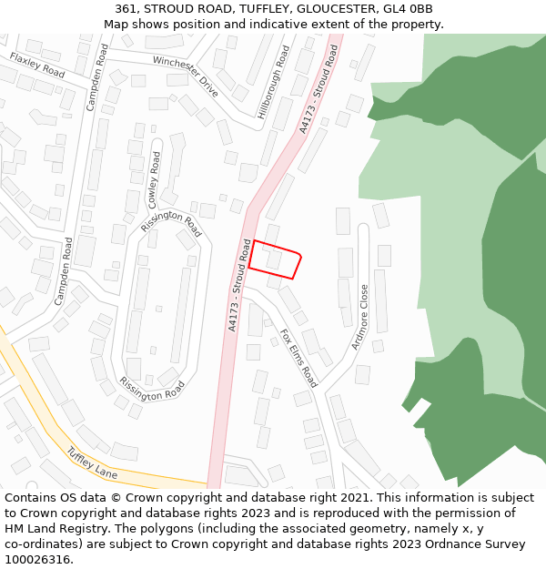 361, STROUD ROAD, TUFFLEY, GLOUCESTER, GL4 0BB: Location map and indicative extent of plot