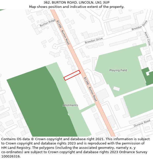 362, BURTON ROAD, LINCOLN, LN1 3UP: Location map and indicative extent of plot