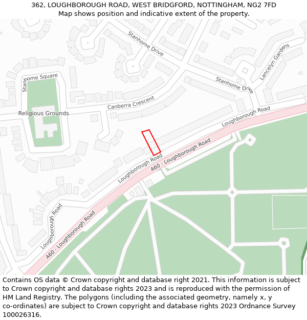 362, LOUGHBOROUGH ROAD, WEST BRIDGFORD, NOTTINGHAM, NG2 7FD: Location map and indicative extent of plot