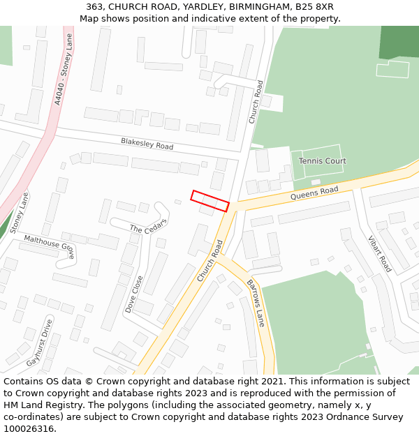 363, CHURCH ROAD, YARDLEY, BIRMINGHAM, B25 8XR: Location map and indicative extent of plot