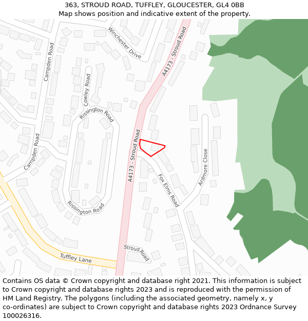 363, STROUD ROAD, TUFFLEY, GLOUCESTER, GL4 0BB: Location map and indicative extent of plot