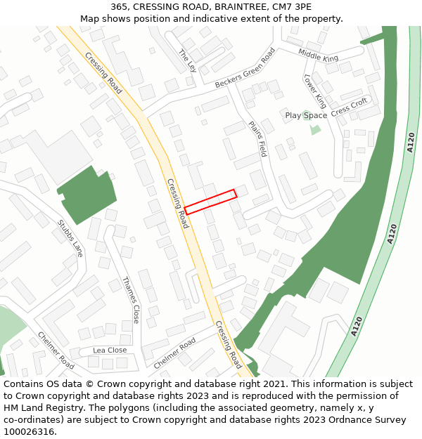 365, CRESSING ROAD, BRAINTREE, CM7 3PE: Location map and indicative extent of plot