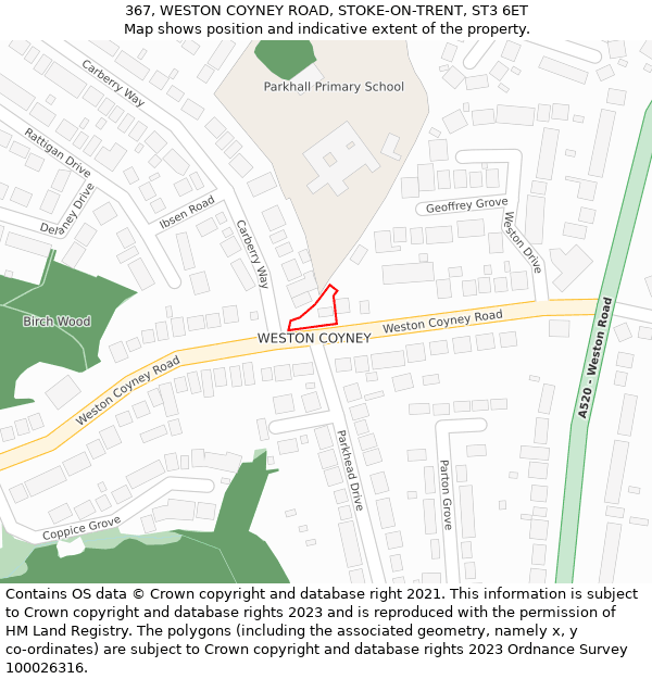 367, WESTON COYNEY ROAD, STOKE-ON-TRENT, ST3 6ET: Location map and indicative extent of plot